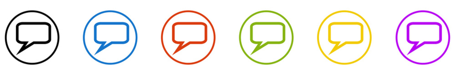 Banner mit 6 farbigen Icons im Kreis: Sprechblase