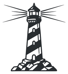 A lighthouse on rocky terrain with beams of light in black and white minimalist vector style, ideal for maritime themes