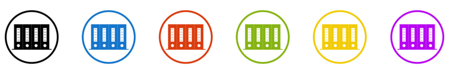 Banner mit 6 farbigen Icons im Kreis: Aktenordner oder Akten