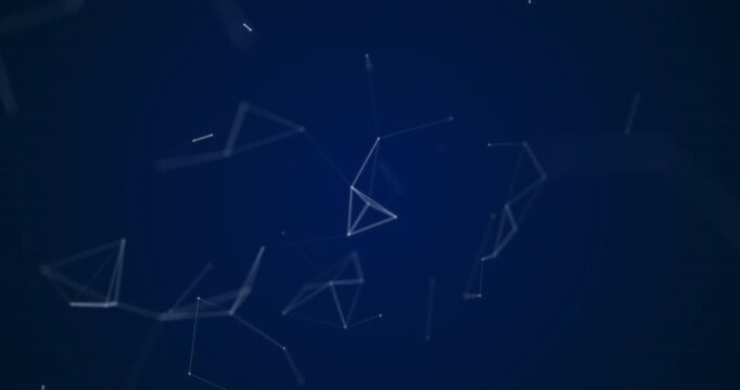 Movable interlaces of dots and lines dance in a cosmic rhythm on a dark blue background. Their smooth movement creates a sense of depth and digital harmony. Looping seamless animation.