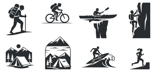 Obraz premium A collection of outdoor adventure icons including hiking, biking, kayaking, and climbing in black and white graphic style, ideal for adventure sports branding
