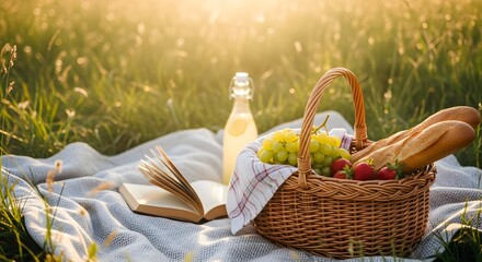 A delightful cozy picnic with a wicker basket and fresh food set on a blanket in a field, bathed in warm sunshine for a serene outdoor leisure concept