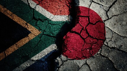 Flags of South Africa and Japan painted on cracked ground symbolizing cultural connection and contrast