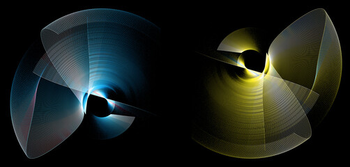 Blue and yellow striped abstract propellers with gracefully curved blades spin on a black background. Icon, logo, symbol, sign. Set. 3D rendering. 3D illustration. © Svetlana