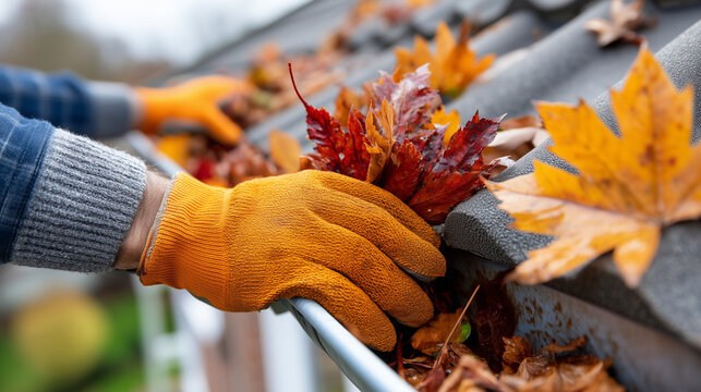 Close-up detail shot of hands wearing work gloves cleaning leaves and debris from a clogged gutter, wet autumn foliage visible, shallow depth of field with roof shingles softly blu