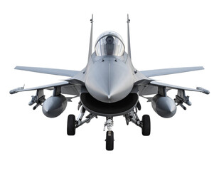 Modern Military Jet Aircraft Front View, Symmetrical Composition, Isolated on White Background