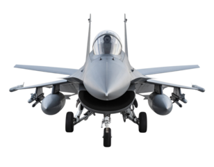 Modern Military Jet Aircraft Front View, Symmetrical Composition, Isolated on White Background