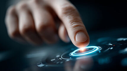 Close-up of faceless hand about to press glowing blue start button, heavily defocused futuristic digital interface background, anonymous person with numerical and circuit-like patt