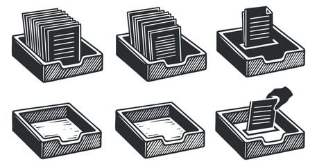 A set of illustrated office file drawers with documents being organized in black and white vector style, ideal for business presentations