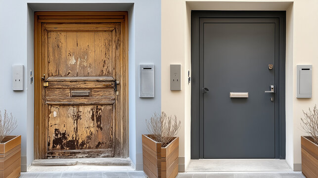 Front door upgrade, presenting before and after in single image image is visually split in half only one door in the image and door is split in half to present extreme polarization