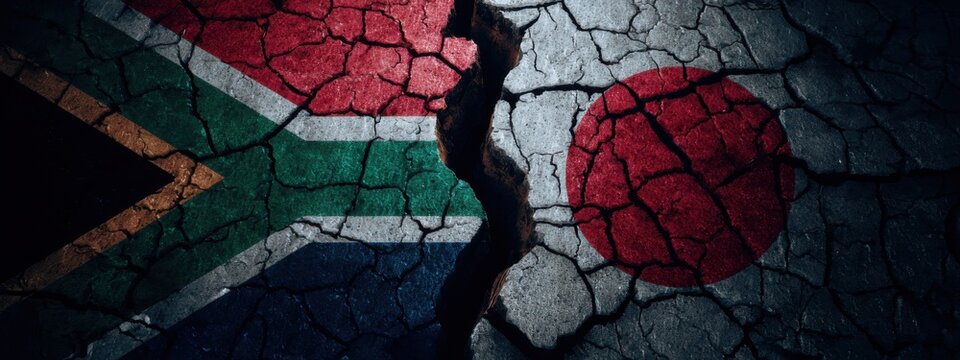 South Africa and Japan flags represented by cracked ground in a powerful design showing connection and division
