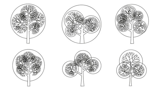Set of 6 architectural tree symbols in plan view, black and white line art, CAD block style, minimalist geometric circles and stylized foliage textures, distinct trunk center points, technical drawing