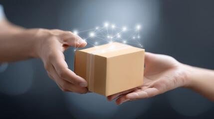 Faceless hands passing package through digital interface, heavily defocused background, anonymous delivery interaction, logistics technology visualization, e-commerce transaction r