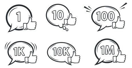 A collection of speech bubbles displaying numbers 1, 10, 100, 1K, 10K, and 1M with thumbs up in minimalist outline vector style, ideal for social media engagement and feedback representation