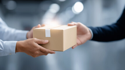 Faceless hands passing package through digital interface, heavily defocused background, anonymous delivery interaction, logistics technology visualization, e-commerce transaction r