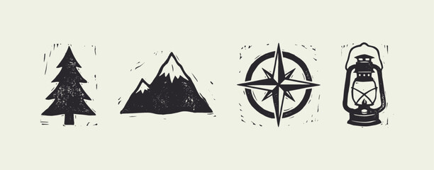 Vintage Outdoor Adventure Icons Set: Tree, Mountain, Compass, and Lantern Woodcut Style © Ghaghah24