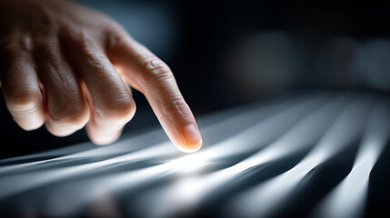 Faceless finger selecting glowing step on futuristic digital timeline, heavily defocused interface background, anonymous person symbolizing workflow and progress, sequential task v