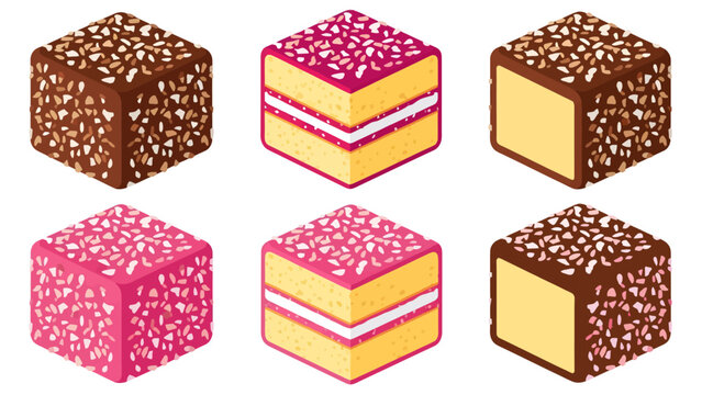 These isometric vector illustrations depict chocolate and raspberry lamingtons, showcasing whole coconut-dusted cubes alongside cross-sections that reveal fluffy sponge and jam layers