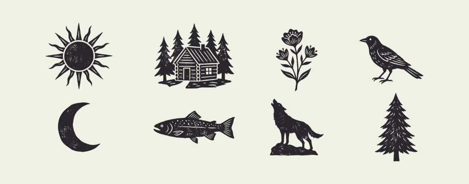 Rustic Woodcut Style Wilderness Icons Set: Sun, Moon, Cabin, Wolf, and Wildlife