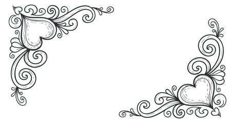 A decorative border featuring ornate hearts and swirls in black and white hand-drawn vector style, ideal for romantic invitations or wedding designs