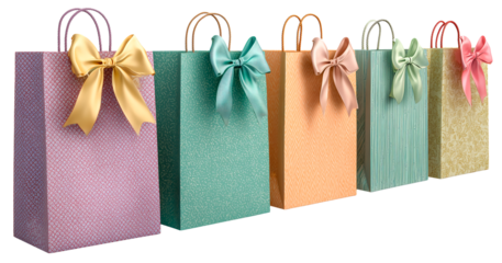 Gift bag satin ribbon pastel color boutique luxury paper handle shopping retail packaging decorative pattern Elegant gift bag with satin ribbon, pastel color palette, boutique luxury, isolated