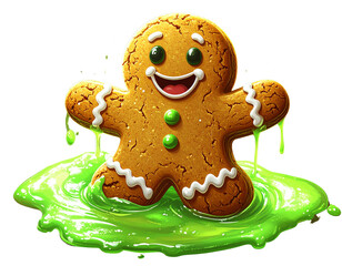 Shocked Gingerbread Cookie Emerging from Green Slime, Spooky Cute Style, Isolated on Transparent Background
