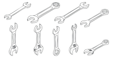 Naklejka premium A collection of various wrenches in a clean outline vector style, suitable for repair service branding and technical illustrations