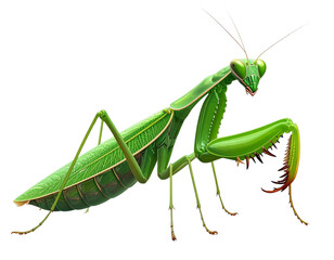 Side Profile of Praying Mantis in Hunting Pose, Isolated on Transparent Background