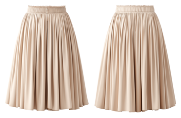 Pleated skirt beige midi front view back view elastic waistband flowing fashion apparel mockup softly styled minimal look, clean studio background, elegant feminine vibe, versatile, isolated