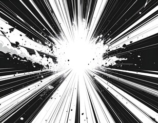 Black and white dynamic comic burst with radial lines emanating from a central white explosion. Splatter and streaks
