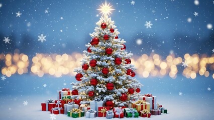 White Christmas tree with red ornaments and gifts in snow