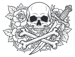 Fototapeta premium A detailed skull surrounded by roses and crossed bones with a sword in a black and white line art style, perfect for tattoo designs