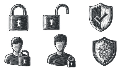 A collection of security icons featuring padlocks, shields, and user silhouettes in detailed vintage sketch style, suitable for cybersecurity and protection themes