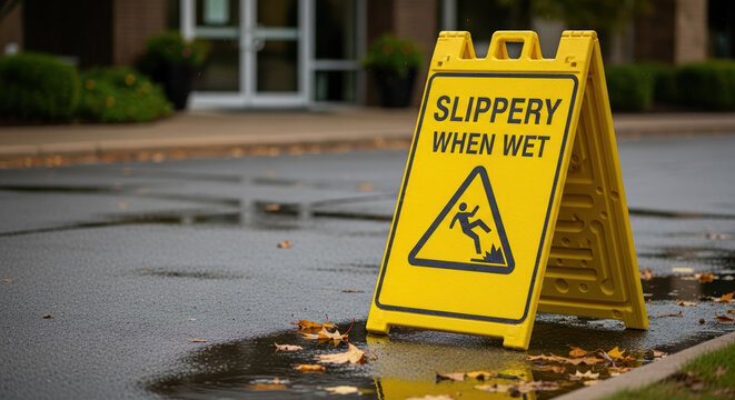 Yellow caution sign reading Slippery When Wet on wet asphalt. Safety warning stand on pavement with autumn leaves and puddles