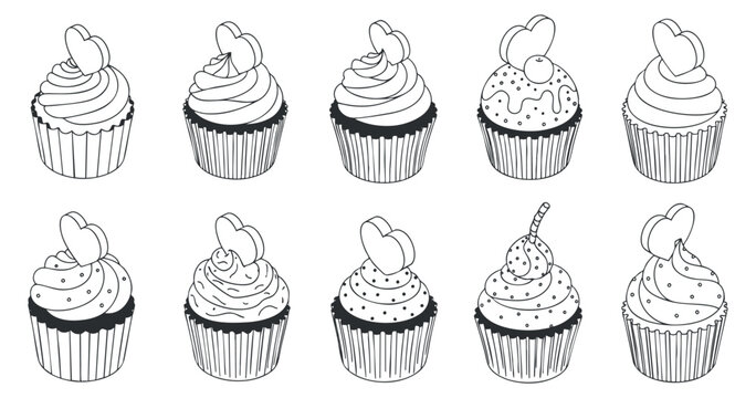 A collection of ten cupcake illustrations in black and white outline vector style, ideal for dessert menus and baking themes