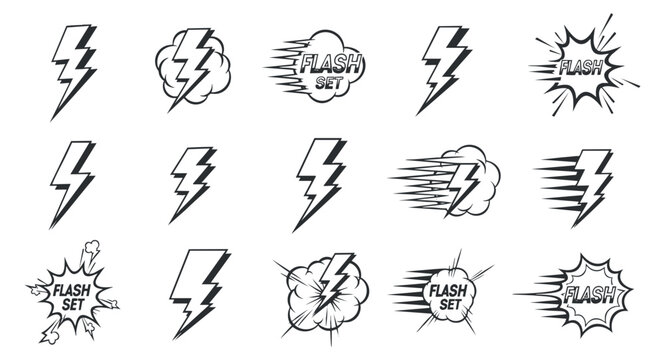 A collection of lightning bolt and flash icons in black and white outline vector style, perfect for dynamic graphic design projects