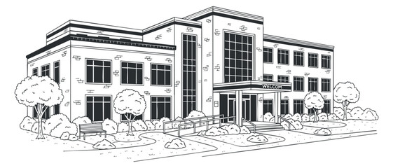 A detailed illustration of a modern commercial building in outline vector style, suitable for architectural presentations and designs
