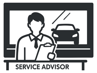 A service advisor assisting clients in a car service center in black and white vector style, ideal for automotive industry branding