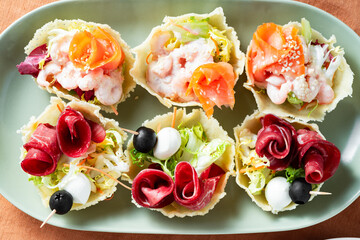 Appetizer: Parmesan Baskets with Shrimp, Salami, Mozzarella and Smoked Salmon
