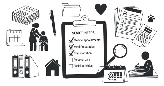 A checklist of senior needs including medical appointments, meal preparation, and transportation in minimalist black and white vector style, suitable for caregiving resources and planning