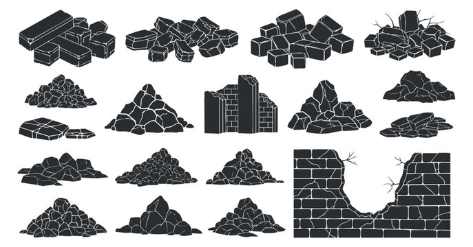 A set of various rock piles, bricks, and broken wall structures in black and white outline vector style, suitable for construction and architectural designs