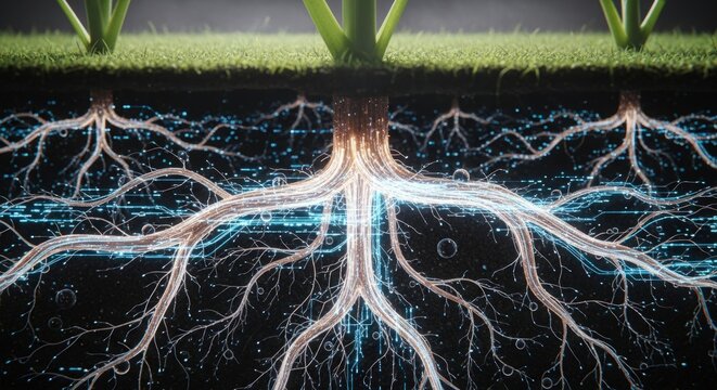 Detailed illustration of plant roots and the surrounding soil environment.