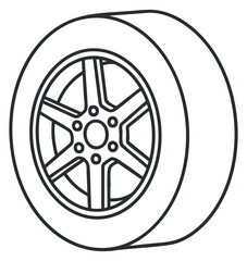 A detailed outline illustration of a modern car wheel and tire in black vector style, suitable for automotive design projects