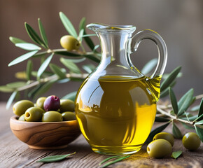 Pure Olive Oil with Fresh Olives and Leaves