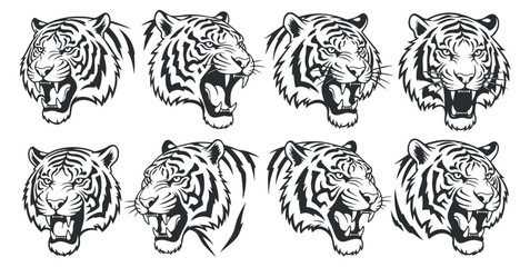 Fototapeta premium A collection of eight tiger head illustrations in black and white outline vector style, perfect for branding and design projects