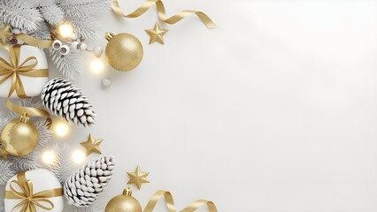 Fototapeta premium Elegant White and Gold Christmas Background with Decorative Pine Branches and Ornaments