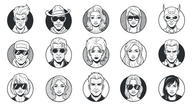 A collection of stylized character portraits in monochrome vector style, featuring diverse faces with various hairstyles and accessories, perfect for graphic design projects