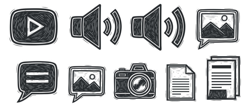 A collection of media icons including play, sound, image, camera, chat, and document in black and white sketch vector style, ideal for digital communication design