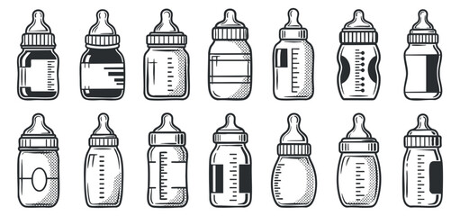 A collection of various baby bottles in black and white outline vector style, ideal for parenting and childcare designs