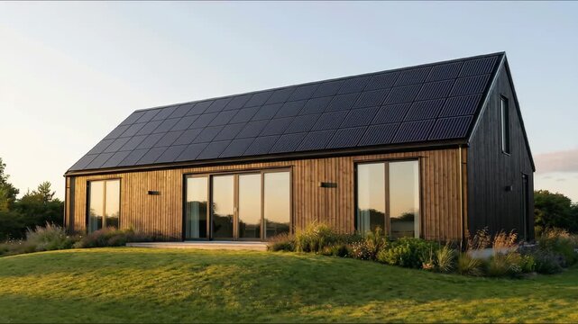 Commercial architectural photography. A sleek, modern Scandinavian-style residential house featuring integrated black solar panels covering the entire south-facing roof sloping section. Golden hour li